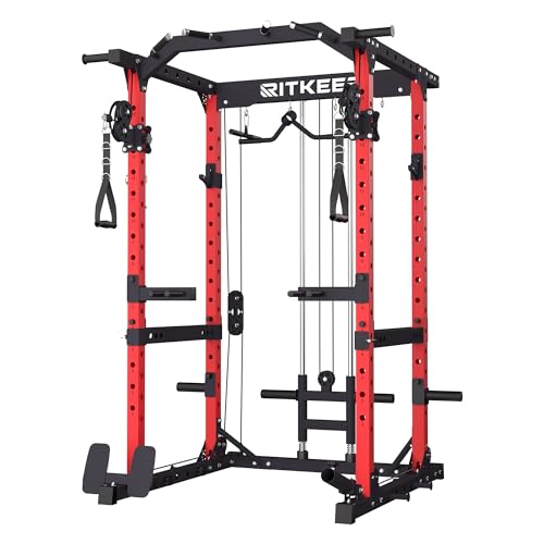 RitKeep M10 Multi-Functional Power Rack - 5 in 1 Power Rack with Pulley System and Cable Crossover, Squat Rack for Home Gym Workout Racks (Red)