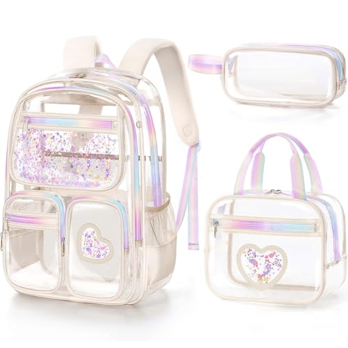 Image of Fimibuke Clear Backpack for Girls, 3PCS Heavy Duty PVC Transparent Kids Backpack for Teen Girls, School, Concert, Stadium Events Approved See Through School Girl Bookbag with Lunch Box & Pencil Case
