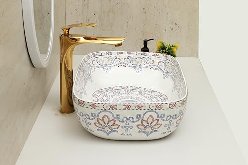 Image of Moroccan Design Ceramic Tabletop Wash Basin | Countertop Vessel Sink | Wash Basin over counter For Bathroom Hotel Home (18x13x5.5 Inch) (TORO 4014) (Moroccan Design 108)