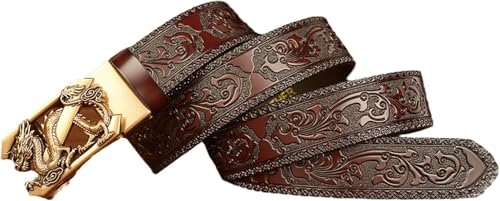 Men's Leather Ratchet Embossed Belt With 3D Gold Z-Dragon Auto Buckle Adjustable Western Strap2