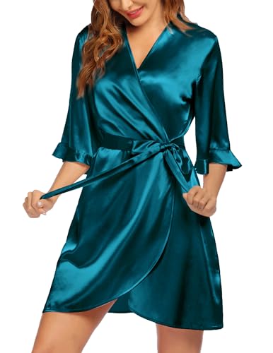 Image of Ekouaer Women's Satin Robe Valentines Lingerie for Women Kimono Bathrobe Short Ruffle Belted Robes Bridesmaids Sleepwear