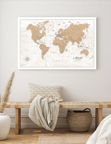 Image of IPIC - Vintage World Map Canvas Wall Art, Oversize Travel Map Print for Home, Office, or Study, Push Pin Wall Decor for Travel Lovers, Ready to Hang