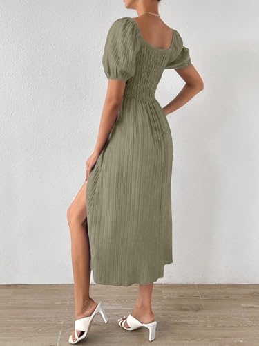 Image of Shasmi Women's & Girl's Tie Front Split Thigh Milkmaid Maxi Dress - Square Neck Puff Sleeve A-Line Long Dress, Elegant Casual & Parties Wear for Ledies (Dress 245)