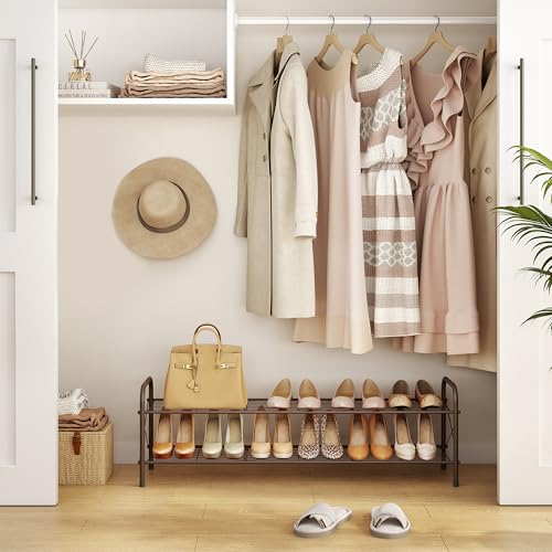 Image of Hoctieon 2 Tier Shoe Rack for Closet, Shoe Rack FreeStanding, Entryway Shoe Shelf, Shoe Storage Organizer, Durable Mesh Style Shoe Rack, Space Save for Garage, Bedroom, Living Room, Wardrobe, Brown