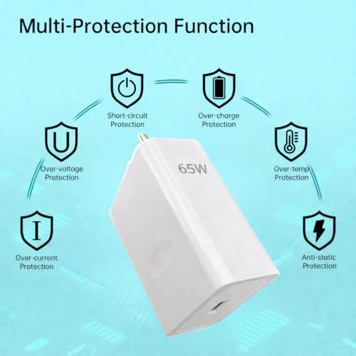 Image of 65W SuperVOOC Fast Charger with Type-C Cable | Compatible with Oppo, OnePlus, Realme, Xiaomi, iQOO & Samsng Supports VOOC, SuperVOOC, Warp, Dash, Dart Charging | Safe & Universal Adapter