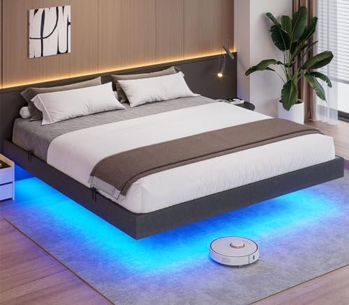 ADORNEVE Floating Bed Frame King Size, LED Bed Frame Linen Upholstered Platform King Bed with Underbed Storage Space, Heavy Steel Slats Support, No Box Spring Needed, Noise Free，Dark Grey