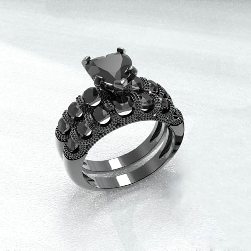 Couple Rings Black Matching Rings 1CT Heart Black CZ Women Wedding Ring Sets for Him and Her Men Wedding Band3