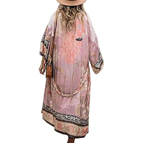 LikeJump Women's Long Floral Kimono Dressing Gown Beach Bikini Cover-Ups Maxi Dress Plus Size Summer Robe Pink Purple Cover