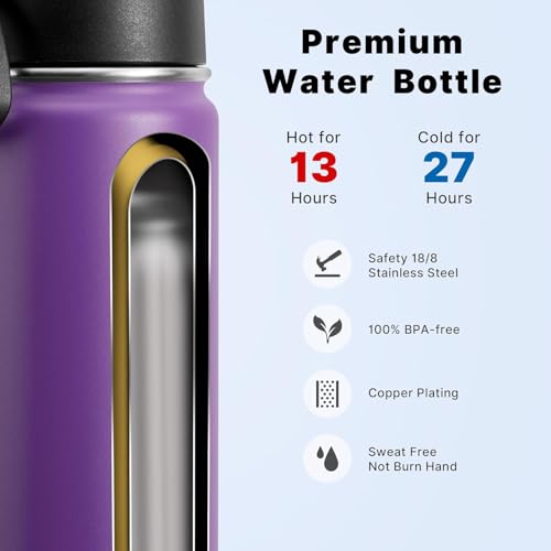 Image of koodee Water Bottle 16 oz Stainless Steel Double Wall Vacuum Insulated Water Bottle for Kids School -Wide Mouth Sports Metal Water Flask for Girls(Purple)