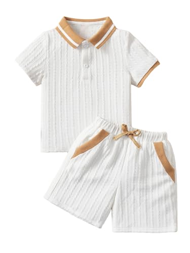 Verdusa Boys 2 Piece Outfits Colorblock Short Sleeve Shirt and Shorts with Pockets Summer Vacation Matching Clothing Sets White 6 Years