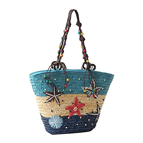 Lushandy Bohemian Straw Tote Bag Boho Embroidered Starfish Handbags Woven Shoulder Bag Straw Beach Bags For Women Vacation #TOP10