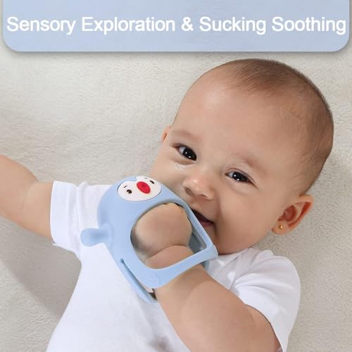 Image of Penguin Buddy Never Drop Silicone Baby Teething Toy for 0-6month Infants, Baby Chew Toys for Teething Pain Relief, Hand Teether for 3-6Months,Gum Massager for Babies (Light Blue)