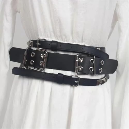 Belts for Women, Double Row Pin Buckle Rivet Hip Hop Punk PU Leather Belt Women Gothic Wide Belt Corset2