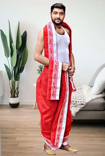 Image of Men's Ethnic | Traditional Ready to wear (Pant System) Readymade Panchakacham Dhoti With Angavastram(Towel) Set, Tassar Silk, Free Size (GC002)