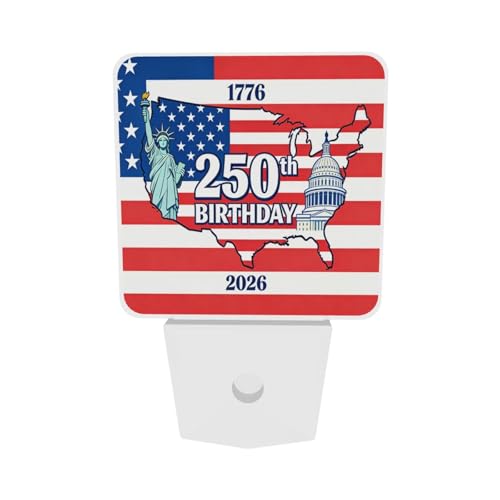 Image of 250 Years Birhtday of USA Night Light Set of 2, Patriotic Auto Sensor LED Dusk-to-Dawn Nightlights, Plug-in Sensor Lamp for Bedroom Bathroom Kitchen Hallway Stairs Decorative