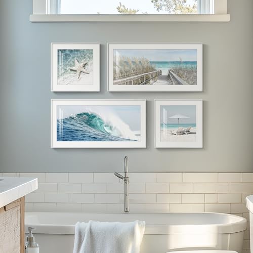 Framed Coastal Wall Art for Living Room, 4 Piece Beach Surf Ocean Artwork for Walls, Large Starfish Reed Seascape Pictures Prints, Beach Coastal Summer Wall Decor for Bedroom Bathroom, Overall 36"x24"