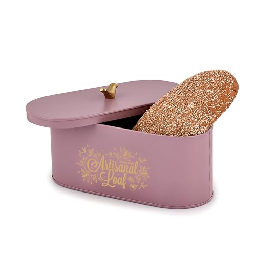 Image of Elan Gingham and Blooms Bread Box with Tweet Bird Knob, Food-Grade Storage for Bread and Bakery Storage Container (Mauve)