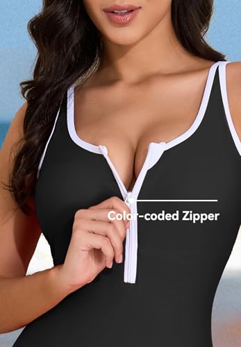 Zando Women's One Piece Swimsuit Athletic Zipper Front Bathing Suits Square Round Neck Low Back Swimwear4