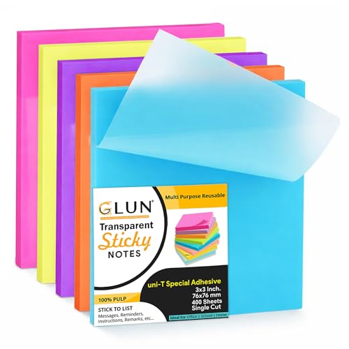Image of GLUN Transparent Neon Sticky Notes 3x3 Inch, 250 Sheets, Self-Adhesive Clear Color Memo Pads, Waterproof See-Through Notes for Office, School & Study