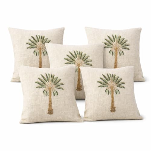Image of Palm Tree Cotton Jute Cushion Cover Set, Decorative Sofa Throw Pillow Cover 40x40 cm or 16x16 Inch Covers, Beige (5 Cushion Cover)