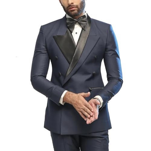 Mens Suits 2 Piece Peak Lapel with Satin Blazer with Pants and Bow Tie Male Sets for Business Formal,Wedding Groom Wear