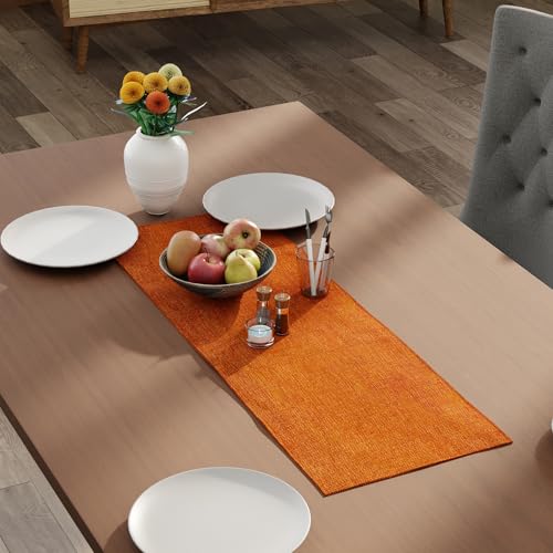 Image of Encasa XO Dining Table Runner for 4 Seater, Chenille Fabric Orange