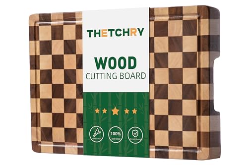 THETCHRY End Grain Cutting Boards for Kitchen, Wooden Cutting board, Acacia Wood Chopping Board with Juice Groove & Handle, Butcher Block for Meat, Bread & Fruit, 14