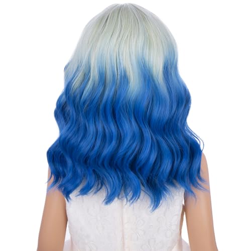 Image of Gray Mixed Blue Wig Short Grey Mixed Blue Wavy Curly Wigs with Air Bangs Synthetic Cosplay Hair Wigs (Small Size)