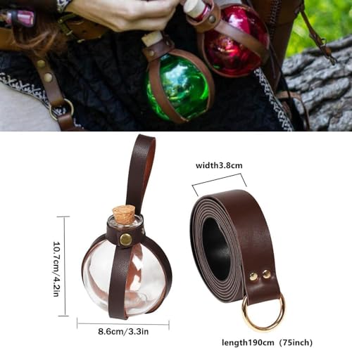 Ieron Halloween Dark Magic Cork Potion Bottle Round Spherical Clear Glass Bottle with 74" Medieval Knight Leather Belt for Costume Cosplay Props DIY Crafts and Decorative Bottles - Image 3