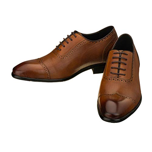 CALTO Men's Invisible Height Increasing Elevator Shoes - Brown Premium Leather Lace-up Wing-tip Formal Oxfords - 2.4 Inches Taller - Y1066 - Size 9 D(M) US4