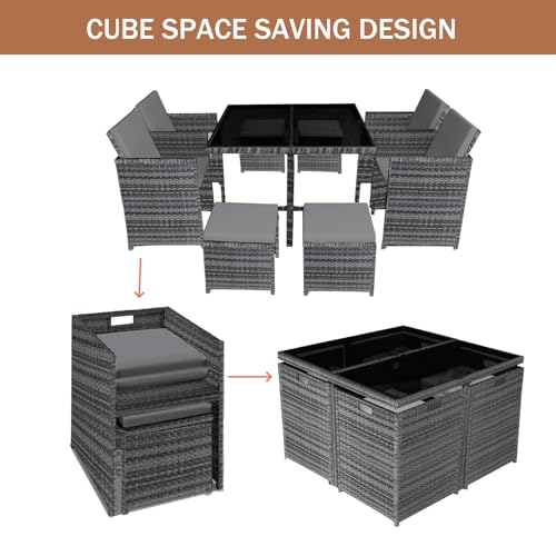 Panana 8 Seater Rattan Garden Dining Set with Table, 4 Chairs & 4 Stools, Cube Space Saving Outdoor Furniture for Patio, Conservator, Garden - Image 6