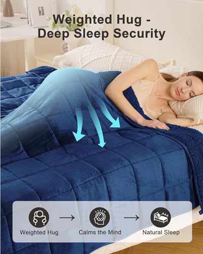 Image of Ultra-Soft Weighted Blanket for Adults(15 lbs, 60 inch x 80 inch Queen Size) Plaid Sherpa Fleece Reversible Heavy Blanket with Glass Beads, Perfect for 140-190 lbs, Machine Washable, Navy Blue