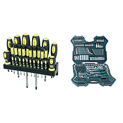 Mannesmann - M11410 - 18 piezas Juego de destornilladores con soporte de pared + Mannesmann M98430 - Maletín con llaves de vaso y otras herramientas