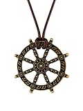HAQUIL Antique Bronze Buddhist Dharma Wheel of Life Dharmachakra Necklace, Faux leather Cord, Buddhist Jewelry Gift