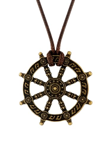 HAQUIL Antique Bronze Buddhist Dharma Wheel of Life Dharmachakra Necklace, Faux leather Cord, Buddhist Jewelry Gift