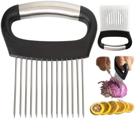 Large Onion Holder for Slicing,Stainless Steel Food Slice Holder,Kitchen Chopper Assistant Tool for Vegetable Slicers,Fruit Cutters,Meat Tenderizers,Home Kitchen Tool with Protective Cover (Black)