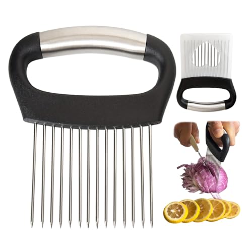 Large Onion Holder for Slicing,Stainless Steel Food Slice Holder,Kitchen Chopper Assistant Tool for Vegetable Slicers,Fruit Cutters,Meat Tenderizers,Home Kitchen Tool with Protective Cover (Black)