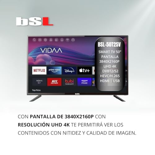 BSL-50T2SV VIDAA Smart-TV, 178 cm (50 Zoll), WLAN, RJ45, UHD-Auflösung 3840 x 2160p, USB, DVBT2/S2/C, kompatibel mit YouTube, Netflix, Disney +, Dazn, Prime | HDMI – Bild 5