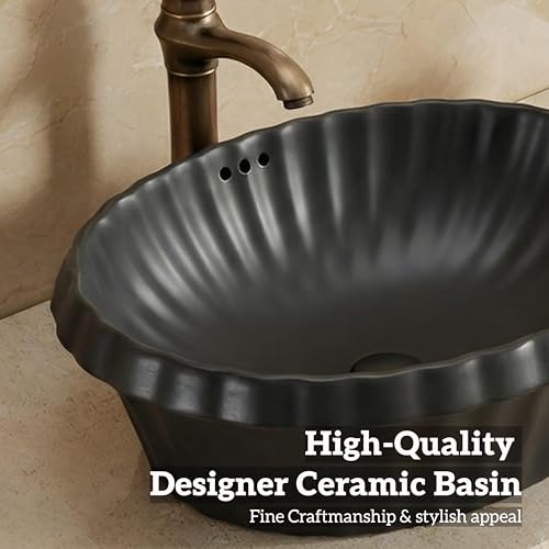 Image of BASSINO 24x17x7 Inches Ceramic Counter Top Wash Basin /Matt Black Basin for Bathroom /Modern Design /Oval Shape Tabletop Washbasin for Restaurant /Dining Hall /Living Room /Home(Matt)