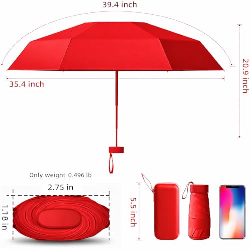 Image of TEKCOOL Travel Mini Folding Compact Umbrella with Case, Manual Open 6 Ribs Lightweight Portable, Small Sun & Rain Pocket Umbrella for Girls and Women- Use in Rain & Summer(Red)''