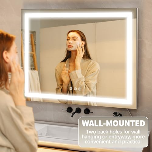 FENNIO 23" x 18" Vanity Mirror with Lights,LED Makeup Mirror,Hollywood Mirror with 3 Color Modes & Adjustable Brightness,Vanity Mirror Square White