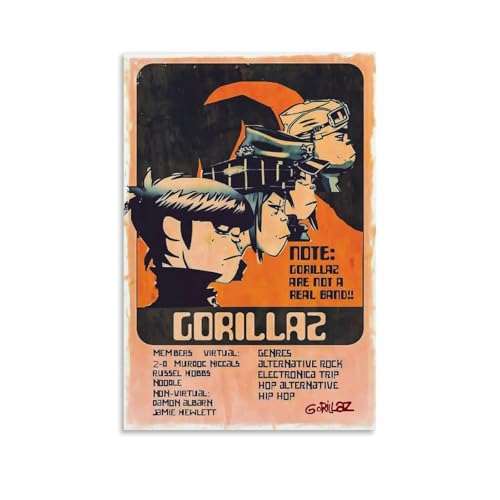 Gorillaz Poster Groupe Musique Vintage Couverture pour Chambre, Art Mural Esthétique en Toile, Décoration de Chambre à Coucher Poster 12x18pouces(30x45cm)