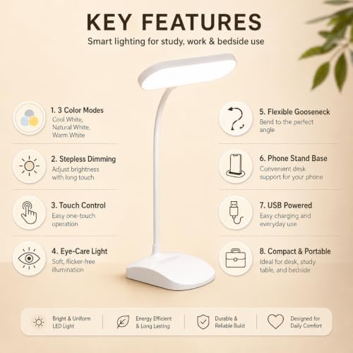 Image of One94Store SlimGlow Design Rechargeable LED Table Lamp | Adjustable Desk & Study Light | USB Powered Reading Lamp with Stable Base (White)