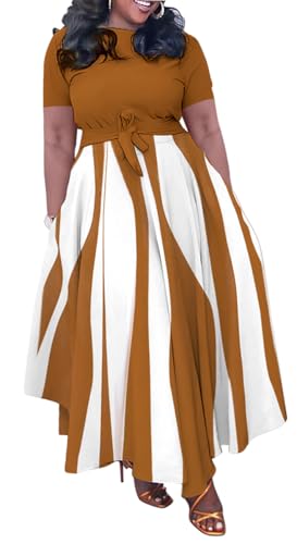Image of BFFBABY Plus Size Dress A Line Dresses for Women Summer Long Dresses with Sleeve Casual Belted
