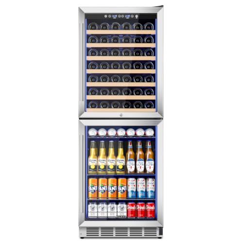 Image of 24 Inch Wide Wine and Beverage Cooler, 2 IN 1 Beverage Refrigerator with Glass Door, Dual Zone Wine Fridge Built-In /Freestanding, Beverage Wine Fridge for Home /Bar, 77 Bottle & 180 Can, Silver