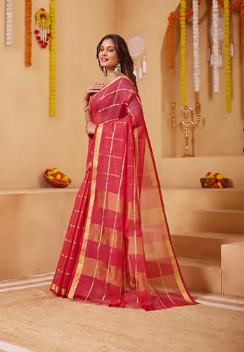 Image of StyleScope Women's Kota Doria Cotton Zari Checks Manipuri Saree With Unstitched Blouse Piece (Malanng)