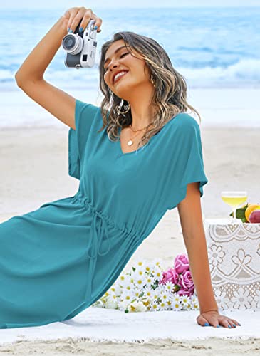 Image of Ekouaer Womens Swimsuit Coverup Short Sleeve Beach Cover Up Dress V Neck Bikini Beachwear