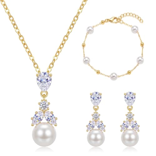 Hadskiss Gold Jewelry Sets for Women, Gold Pearl Dangle Earrings