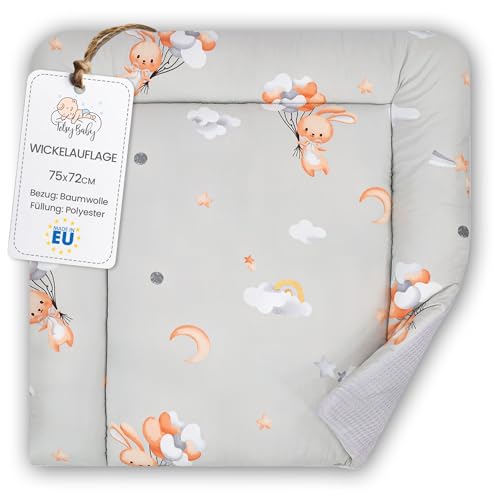 Wickelauflage Wickelunterlage aus Baumwolle 75x72 cm - Weich und waschbar Wickelunterlage für Babys Wickelmatte aus Stoff für Wickeltisch Wickelkommode oder Waschmaschine 75 x 72 Oeko-Tex Kaninchen