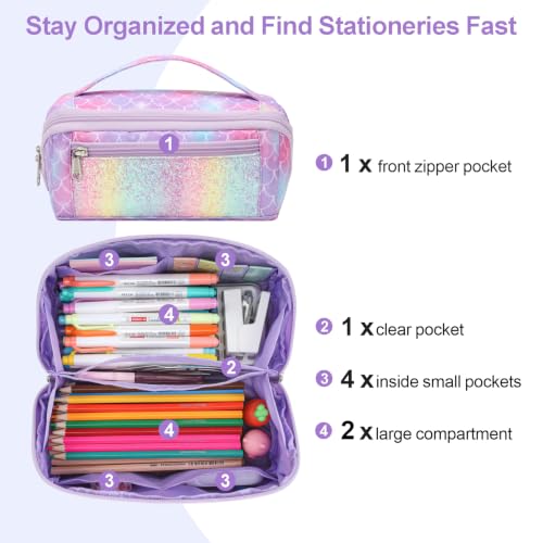Image of Large Pencil Case for Girls, Aesthetic Pencil Pouch for School, Wide Opening Organizer Box with Handle, Fits 50 Pens & Markers (Glitter Purple Mermaid)